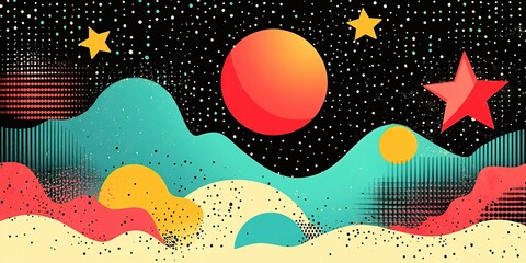 Poster - Colorful abstract landscape with stars and celestial bodies in a night sky