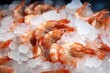 © FoxTok - Boiled-frozen shrimp in pieces of ice close-up. Raw shrimp, crustaceans on the store counter. Healthy food, seafood delicacies