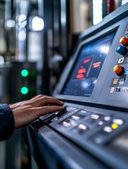 Poster - A closeup of a complex machine control panel, where an operator adjusts settings via touch controls and responds to realtime alerts from IIoT sensors monitoring performance and efficiency