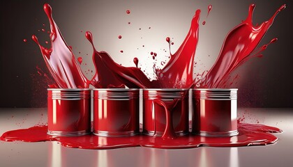 Poster - dynamic 3d explosion of red paint cans, showcasing vibrant and textured splashes against a minimal b
