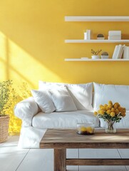 Wall Mural - Modern Living Room Interior with Bright Yellow Wall and Minimalist Furniture