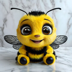 Wall Mural - A stuffed toy in the form of a cute yellow bee made of artificial fur on a white marble table. 