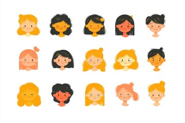 Set of people avatars, portrait icons in a flat style illustration on a white background Set of smiling male and female faces with different emotions and hairstyles for profile pictures Generative AI