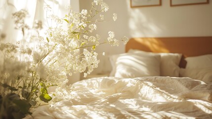 Wall Mural - Sunny bedroom, flowers, unmade bed, morning light, peaceful scene, home decor, calm, relaxation, website, blog