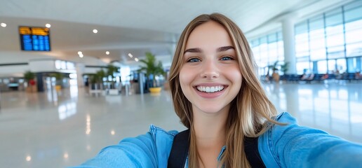 Wall Mural - Happy woman selfie, airport terminal, travel