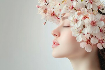 Poster - This image captures the beauty and tranquility associated with Japanese cherry blossoms. A woman is adorned with a crown of sakura blooms, symbolizing spring renewal and peacefulness.