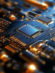 Poster - A highly detailed and intricate closeup view showcasing a microchip carefully situated on a circuit board, emphasizing its complex patterns, connections that glow, and technological sophistication