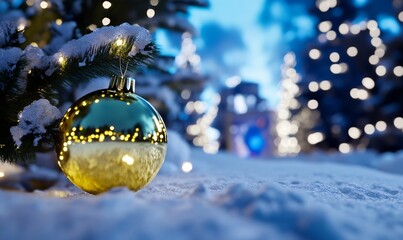 Golden bauble on snowy ground, Christmas lights, winter scene, festive card