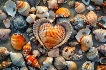 Poster - Seashells forming a heart shape on a sandy beach, symbolizing love and romance found in nature's beauty