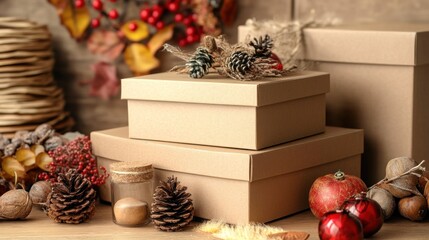 A cozy arrangement of gift boxes and natural decorations for a festive atmosphere.