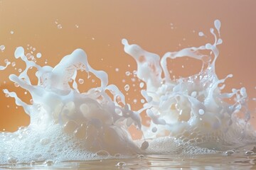 Poster - White milk is splashing and creating a crown shape with bubbles on an orange background