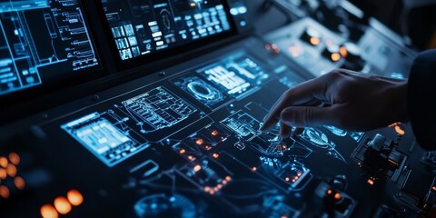 Poster - An operator skillfully adjusts various settings on a sophisticated hightech control panel, actively responding to alerts stemming from IIoT sensors that indicate potential operational issues