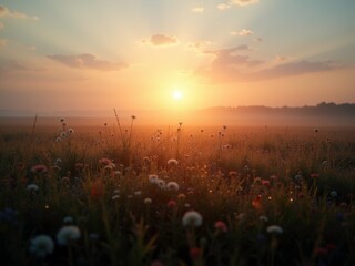 a serene sunrise over a misty meadow filled with wildflowers, creating a peaceful and picturesque la