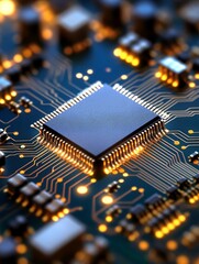 Poster - A comprehensive and detailed view of a microchip situated on a circuit board, highlighting its glowing connections and the intricate complexity of its advanced circuitry, showcasing modern technology