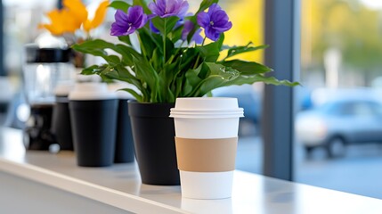 Sticker - Coffee Cup and Flowers on Cafe Counter