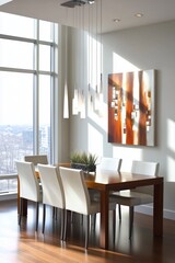 Aufkleber - A large wooden dining table with white chairs and a painting on the wall. The painting is abstract and has a warm color scheme. The room has a modern and sophisticated feel