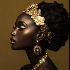 Beautiful Black African woman with golden jewelry in her hair for Black History Month