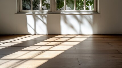 Aufkleber - A window with a white wall and a wooden floor. The sun is shining through the window, casting a shadow on the floor