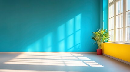Fototapete - A large window in a room with a blue wall and a yellow trim. A potted plant sits in front of the window