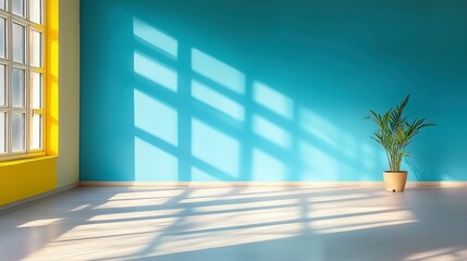 Poster - A large window in a room with a blue wall and a yellow trim. A potted plant sits in front of the window