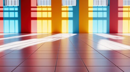 Poster - A colorful room with a white floor and a yellow wall. The room is empty and has a bright, cheerful atmosphere