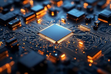 Poster - A closeup image of a sophisticated microchip on a complex circuit board, highlighting intricate designs and glowing connections that represent advanced technology in modern electronics