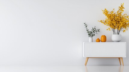 Aufkleber - A white dresser with a few vases and a potted plant on top. The room is empty and the vases are orange