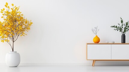 Poster - A white room with a white dresser and a yellow tree. The room is empty and the dresser is empty