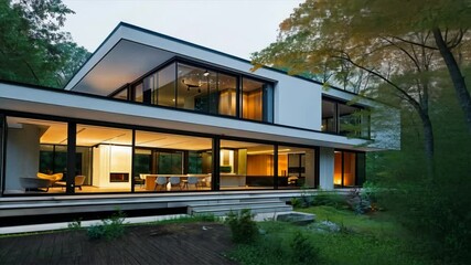 Aufkleber - Modern house architecture featuring large glass windows, surrounded by trees and greenery, highlights sleek design and warm interior lighting for tranquil living experience.