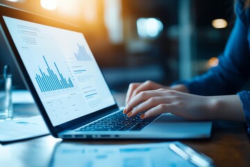Aufkleber - A focused professional analyzes graphs and data on a laptop screen, showcasing the importance of technology in modern business decision-making processes.