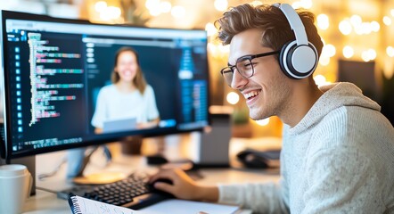Poster - A young man enjoying an online coding session. He is wearing headphones, smiling at a computer screen displaying code and a video call, showcasing the remote working lifestyle.