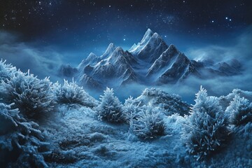 Wall Mural - Majestic snow-capped mountains under a starry night sky, frost-covered trees in the foreground.