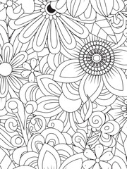  Floral Fantasy: An intricate, black-and-white illustration showcasing a dense arrangement of stylized flowers and swirling botanical elements, perfect for coloring enthusiasts and artistic projects.