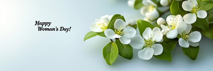 Wall Mural - A soft abstract background featuring blooming white flowers and green leaves, with a text overlay wishing 'Happy Woman's Day!'