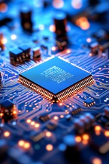 Poster - The image shows a closeup of a microchip on a circuit board, highlighting its intricate patterns and glowing connections, reflecting the advances in modern technology and innovation