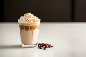 Wall Mural - Latte ice coffee on white natural background, isolated photo style, Coffee beans outside the glass, close-up portrait, vibrant color grading, shallow depth of field, Latte ice coffee on white natural 