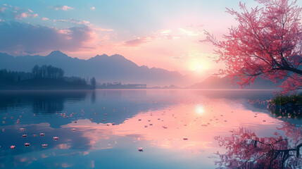 Wall Mural - serene lake with a pink and orange sky in the background. the sun is setting, casting a warm glow ov