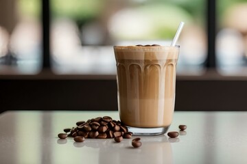 Wall Mural - Latte ice coffee on white natural background, isolated photo style, Coffee beans outside the glass, close-up portrait, vibrant color grading, shallow depth of field, Latte ice coffee on white natural 