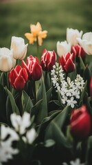 Canvas Print - Colorful spring garden with red tulips and white daffodils blooming in natural light