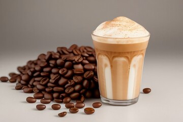 Wall Mural - Latte ice coffee on white natural background, isolated photo style, Coffee beans outside the glass, close-up portrait, vibrant color grading,