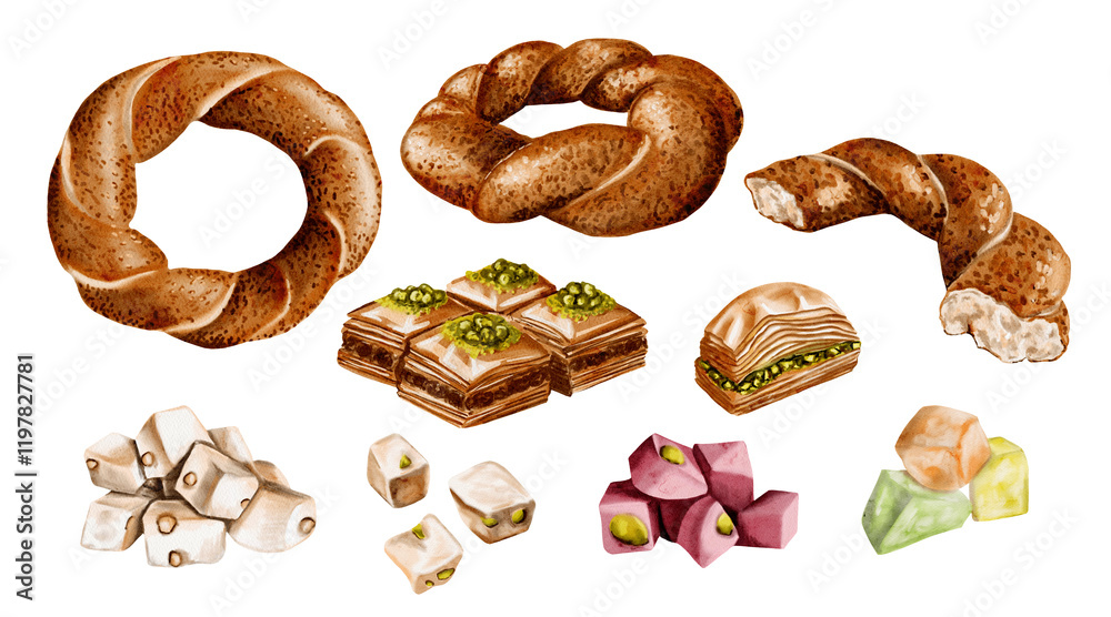 Oriental delicacies. Turkish sweets. Lokum, Simit and different types ...
