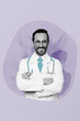 © deagreez - 3D collage poster template trend artwork sketch of profession doctor middle age man portrait stand posing smile wear uniform stethoscope