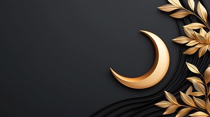 Canvas Print - Elegant Golden Crescent Moon and Leaves on Black