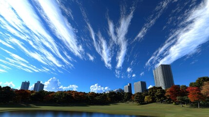 Autumn city park, dramatic cloudscape, cityscape background, design