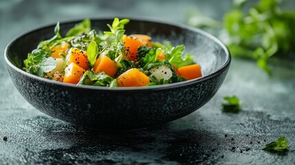 Sticker - A minimalistic bowl of fresh salad featuring vibrant orange cubes, greens, and herbs on a textured surface