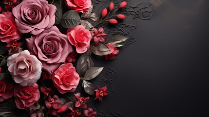 Sticker - fabric roses, on dark background, free space on the right, top view --ar 16:9 --stylize 250 --v 5.2 Job ID: bacfcf00-276e-4994-829d-28c1583d546b