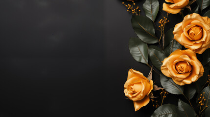 Poster - golden roses with green leaves and petals, on black background, on the right free space, top view --ar 16:9 --stylize 250 --v 5.2 Job ID: 5e53119c-f719-4994-8804-06c2589afb1f