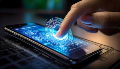 Poster - Close-up shot of a finger interacting with a smartphone screen displaying futuristic blue interface elements.
