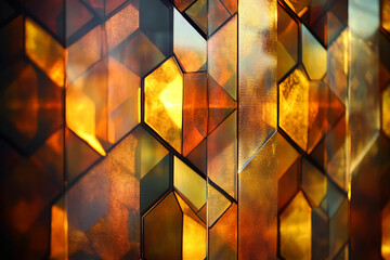 Poster - Abstract close-up of golden hexagonal metallic shapes with reflections and light