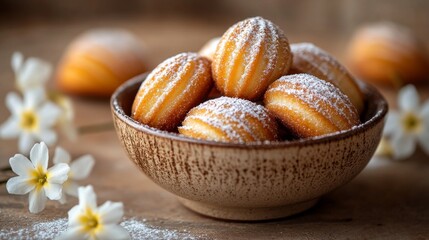 Sticker - A bowl of freshly baked madeleines dusted with powdered sugar, surrounded by delicate white flowers on a rustic wooden surface